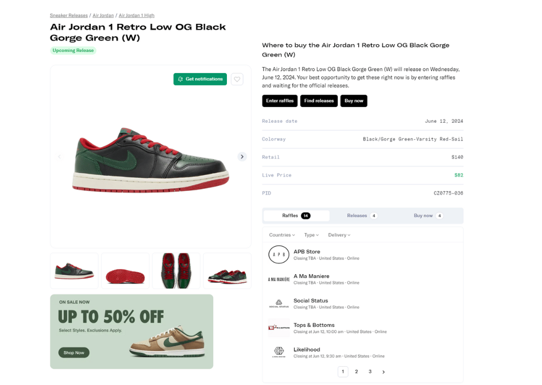 Air Jordan 1 Retro Low OG Black Gorge Green (W) Raffle Page