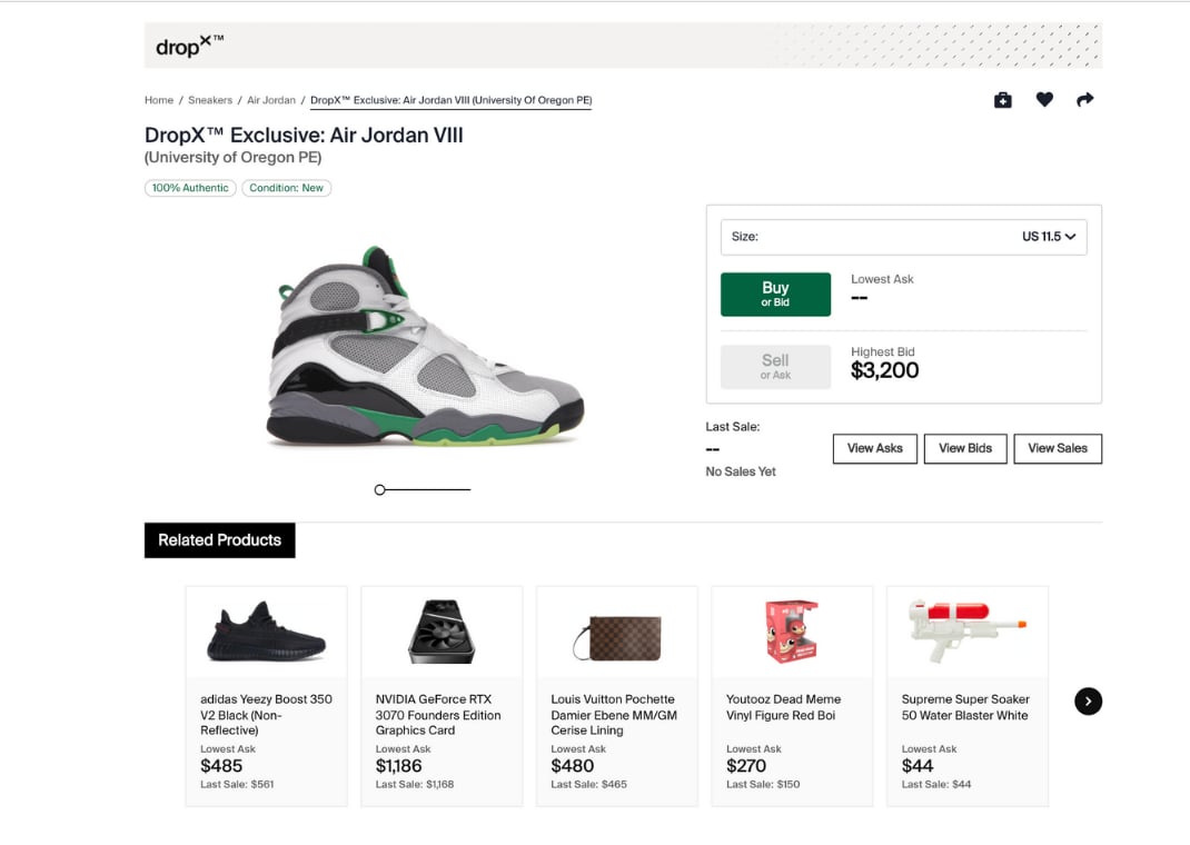 Jordan 8 Oregon Ducks PE Product Page On StockX
