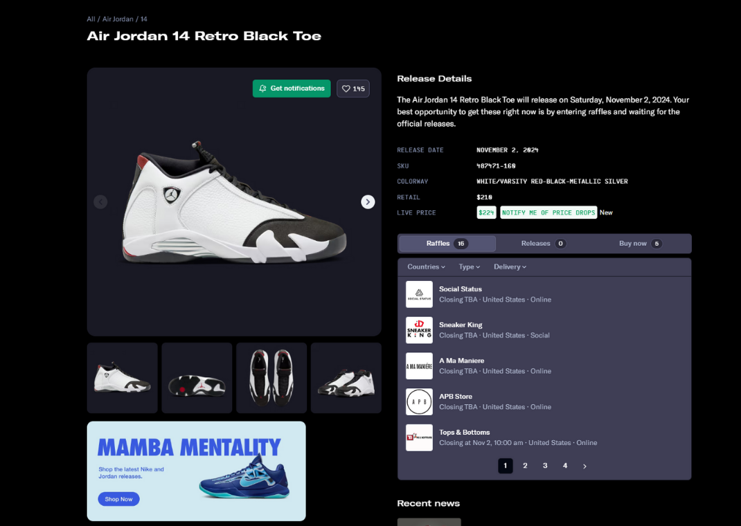 Air Jordan 14 Retro Black Toe Raffle Page