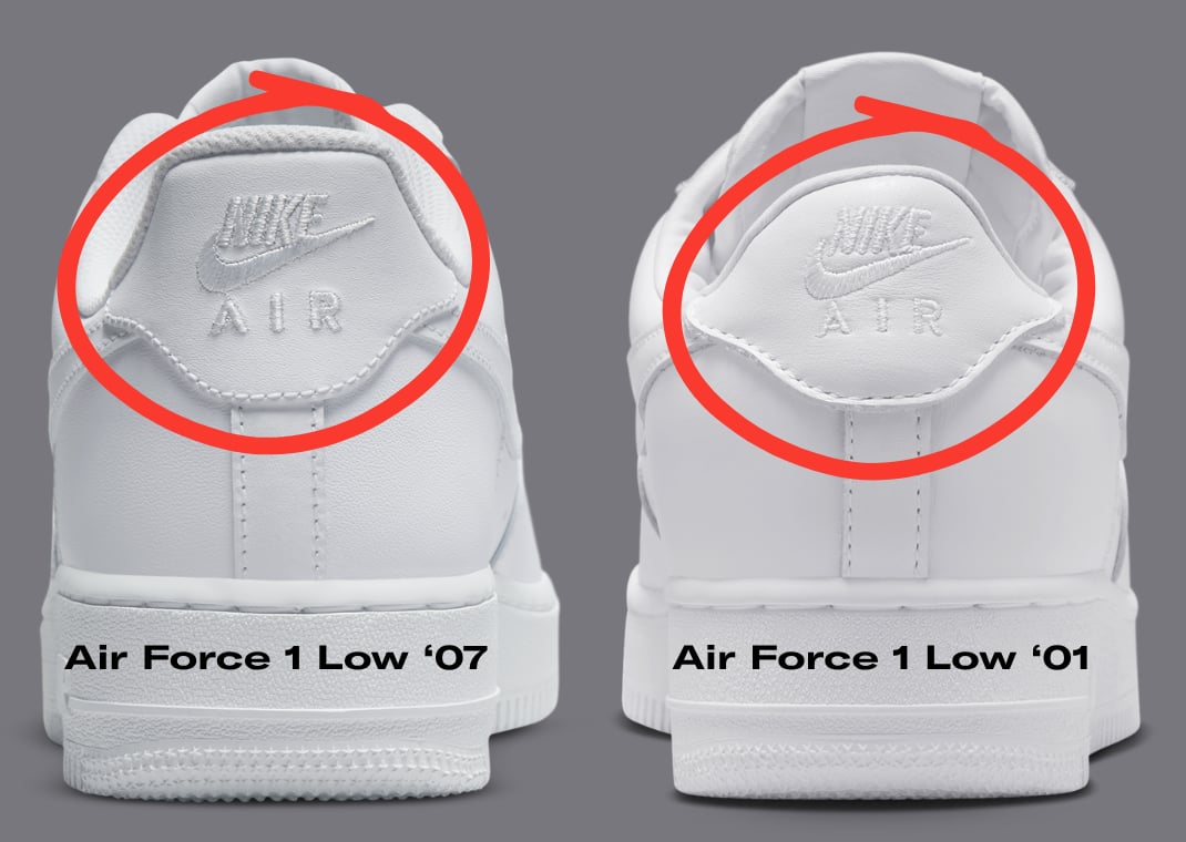 Nike Air Force 1 Low '07 (left) vs. Nike Air Force 1 Low '01 (right)
