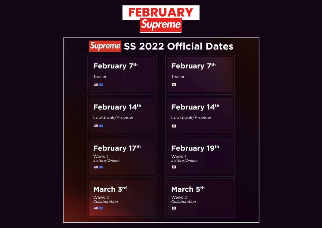 Supreme SS22 Dates US/EU and Japan.