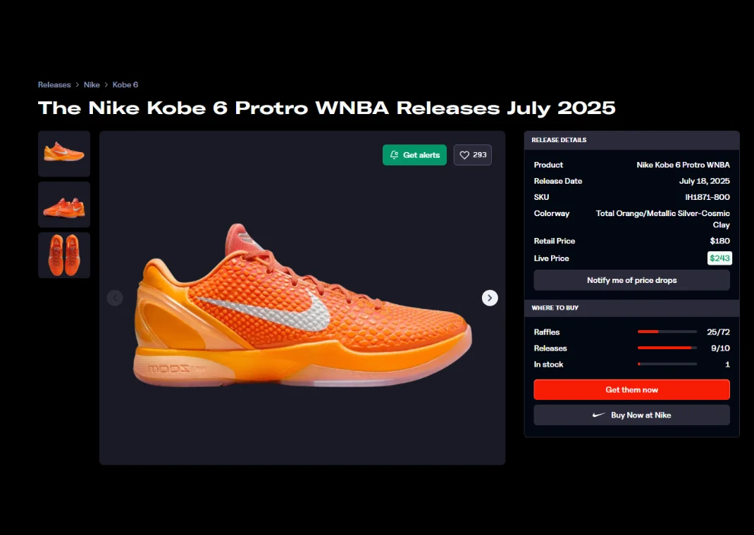Nike Kobe 6 Protro WNBA Raffle Page