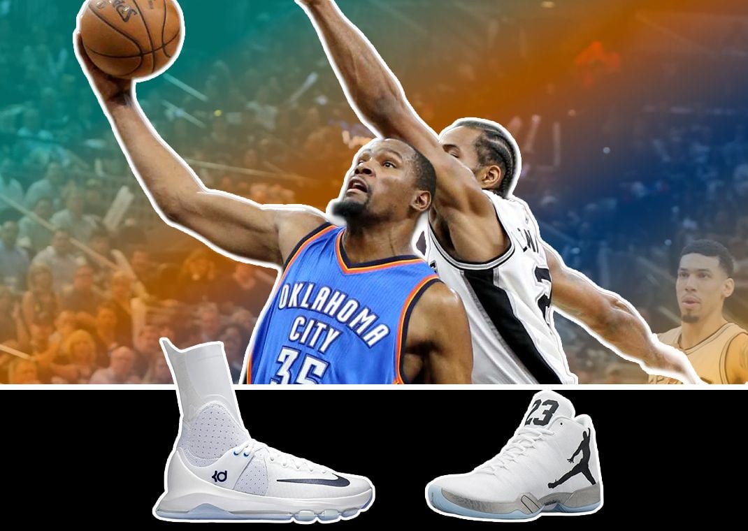 Kevin Durant's Nike KD 8 Elite (left), and the Air Jordan XX9