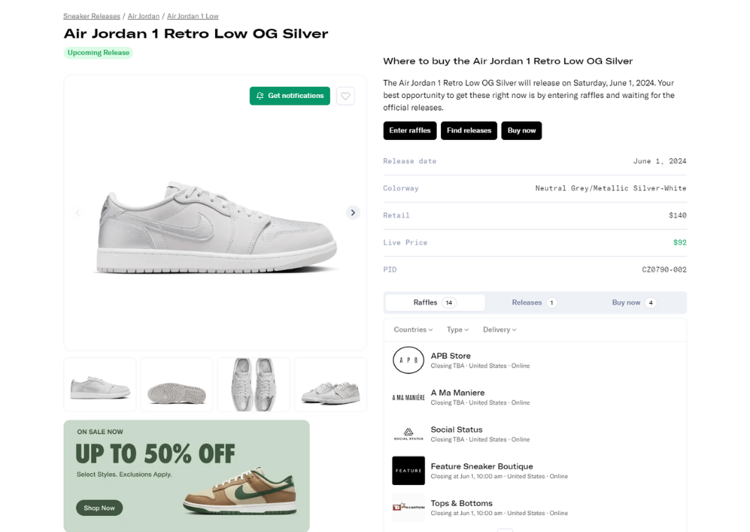 Air Jordan 1 Low OG Silver Raffle Page