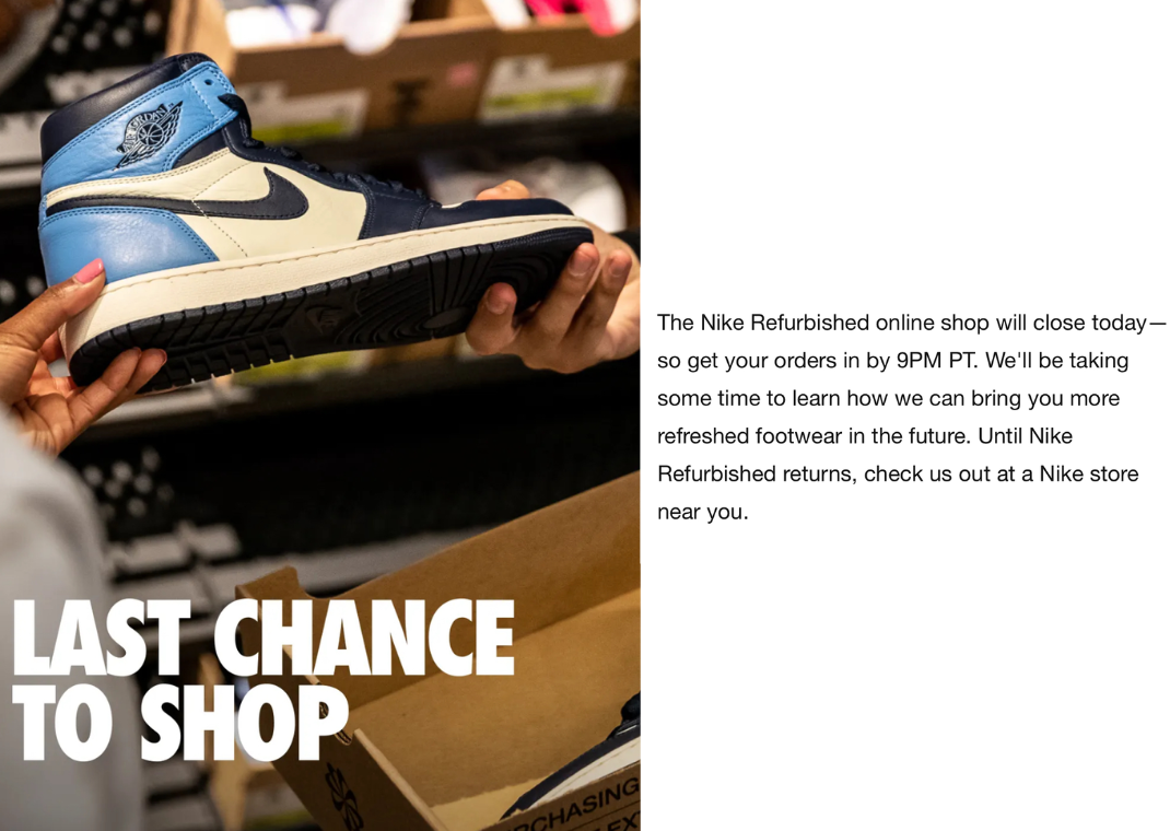 Graphic Showcasing Nike's Closure Of The Refurbished Program Online