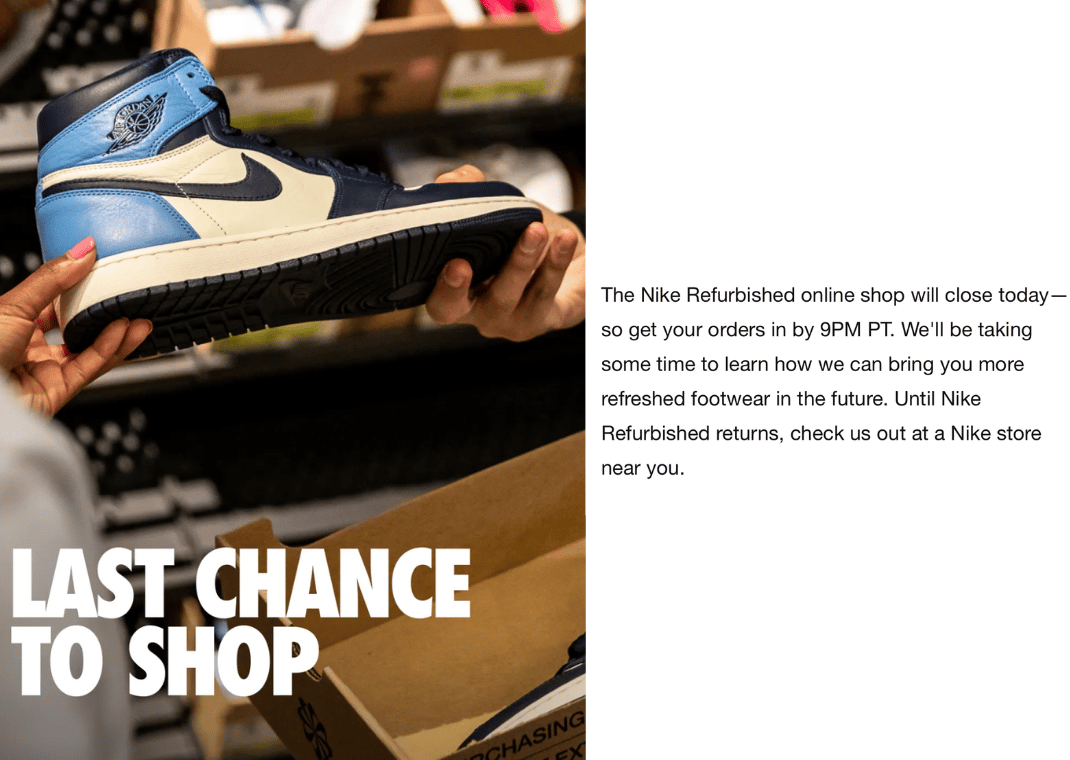 Graphic Showcasing Nike's Closure Of The Refurbished Program Online