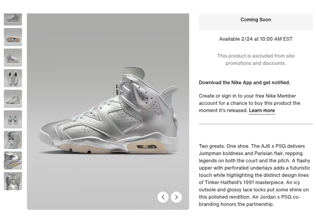 Where to Buy the PSG x Air Jordan 6 Metallic Silver