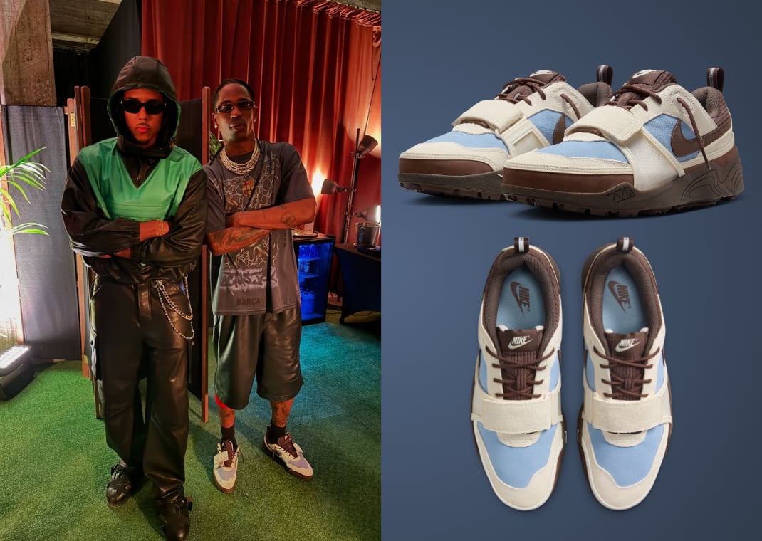 Travis Scott wearing the Nike Zoom Field Jaxx Pale Ivory Leche Blue
