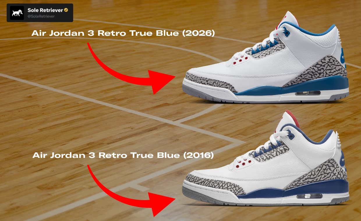 Air Jordan 3 Retro True Blue 2026 (top) vs. Air Jordan 3 Retro True Blue 2016 (bottom)