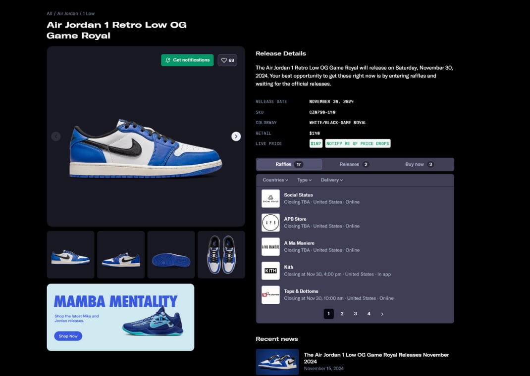 Air Jordan 1 Retro Low OG Game Royal Raffle Page