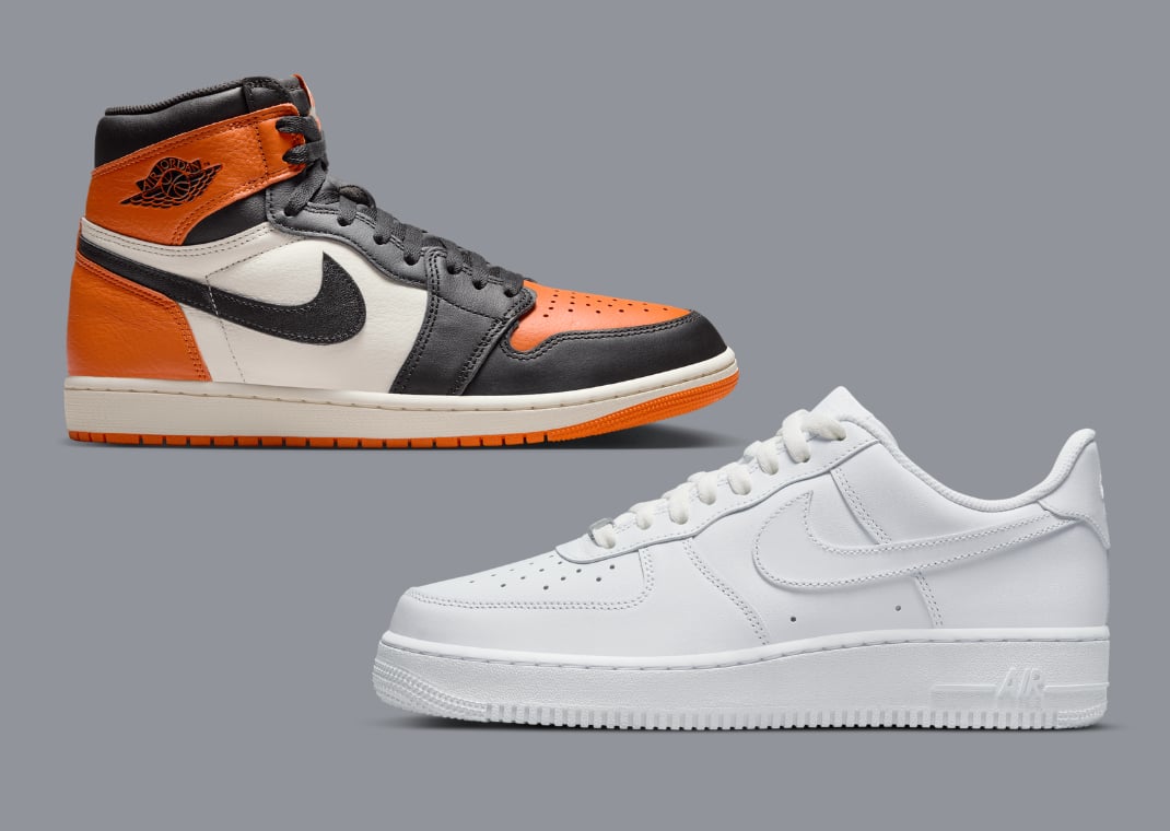 Air Jordan 1 Retro High OG Shattered Backboard (top) vs. Nike Air Force 1 Low '07 White (bottom)