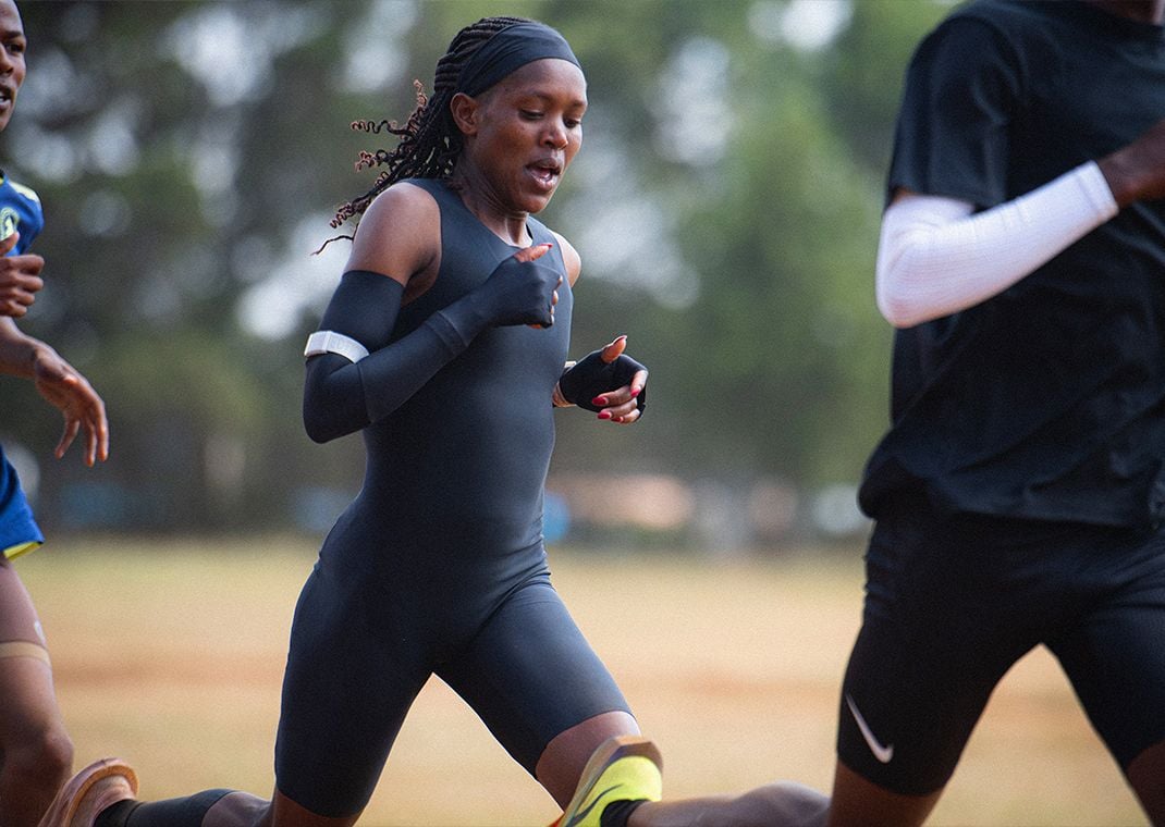 Faith Kipyegon testing out a prototype of her custom Breaking4 speed kit