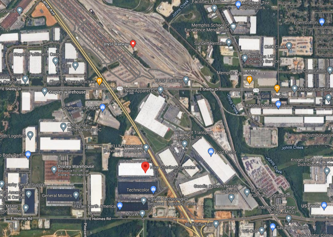 BNSF Railway In Relation To Nike's Distribution Center In Memphis, Tennessee (Image via Google Maps)