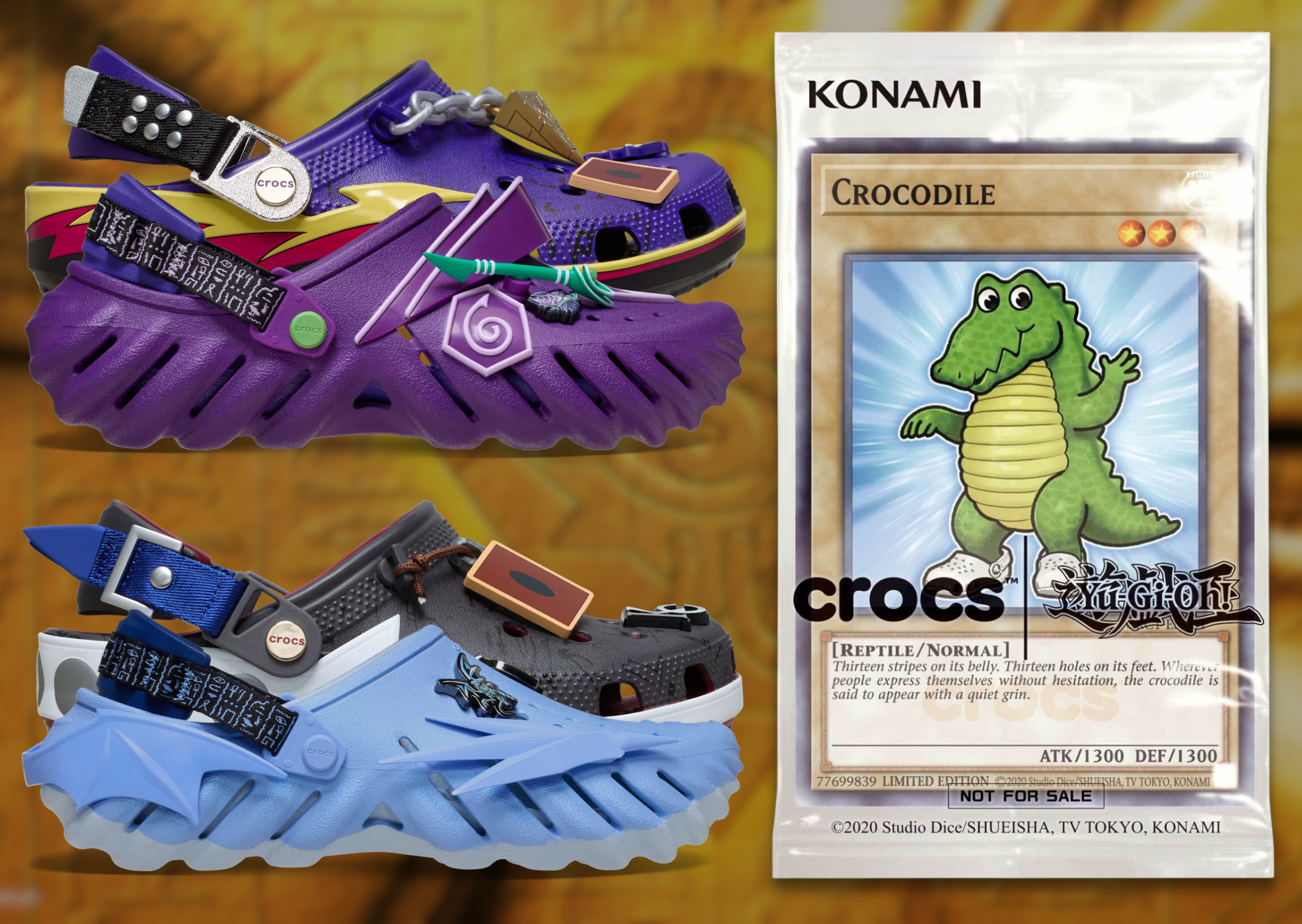 Yu-Gi-Oh! x Crocs Collection (left); limited edition Crocs Yu-Gi-Oh! crocodile monster card (right)