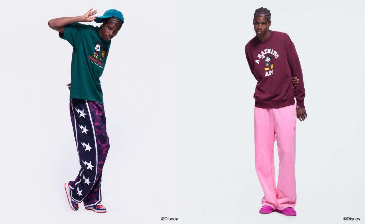 BAPE x Disney Mickey & Friends collection featuring Baby Milo and Mickey Mouse character graphics on apparel