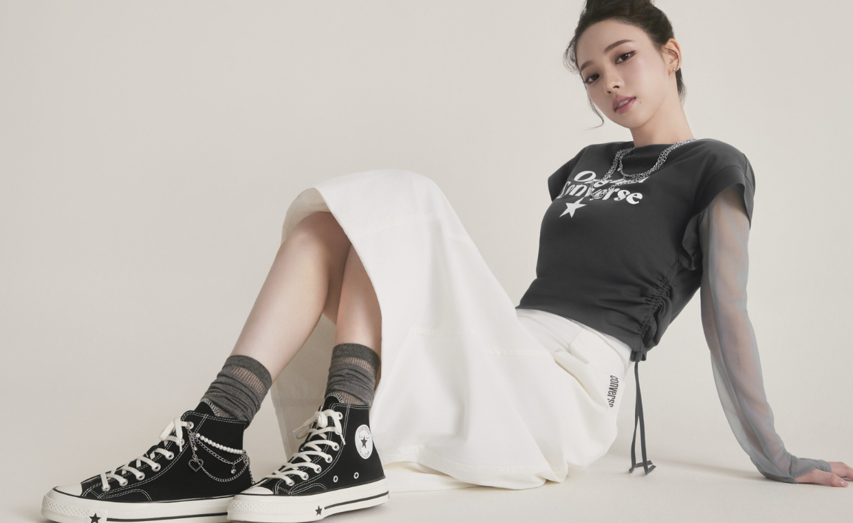 KARINA wearing Converse Run Star Crush lifestyle sneaker in campaign imagery alongside Chuck 70 X