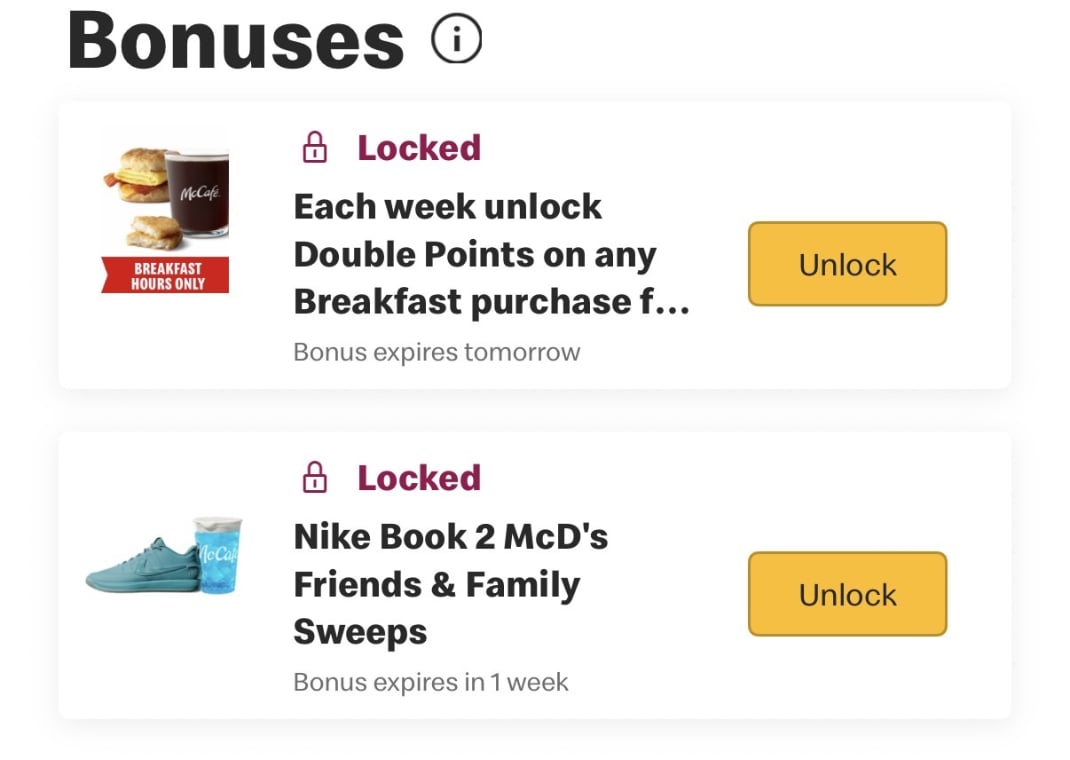 Screenshot of McDonald's app. Once here, unlock the sweepstakes