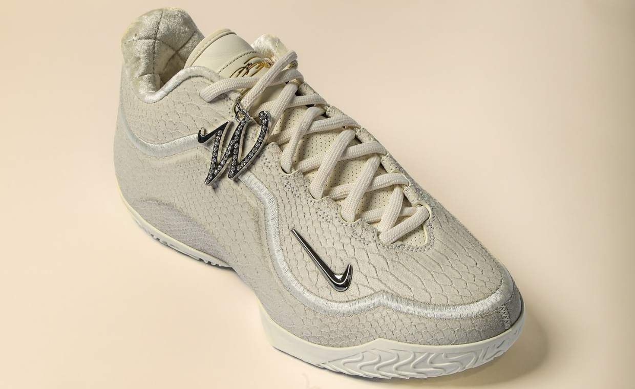 Nike LeBron 23 White Label PE with faux snakeskin upper, cream textile bands, and metallic silver accents