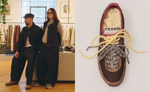 Andrés Barrios (left) and Gabrielle Gagné (right) alongside the Estudio Niksen x Saucony Trainer 80