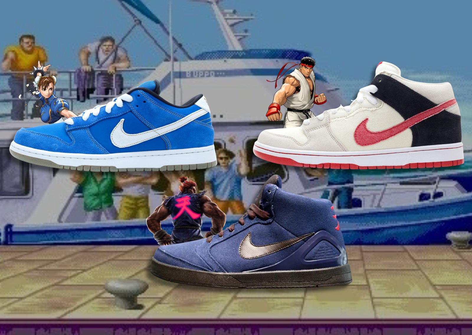 Nike SB Street Fighter Pack (SB Dunk Low Chun-Li Top Left, SB Dunk Mid Ryu Top Right, SB P-Rod IV High Akuma Bottom)