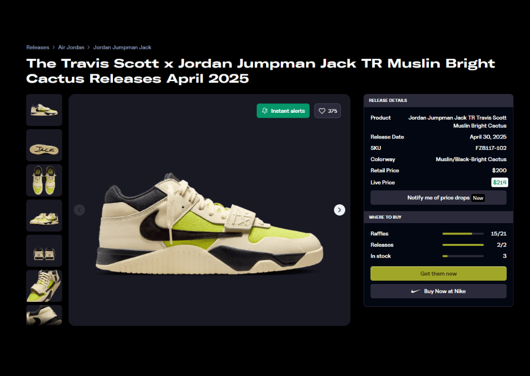 Travis Scott x Jordan Jumpman Jack Bright Cactus Raffle Page