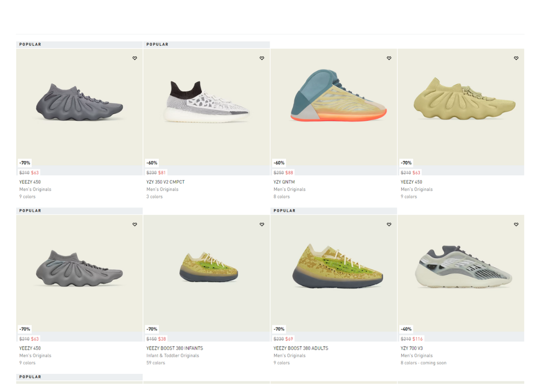 Yeezy sneakers on sale on adidas' website