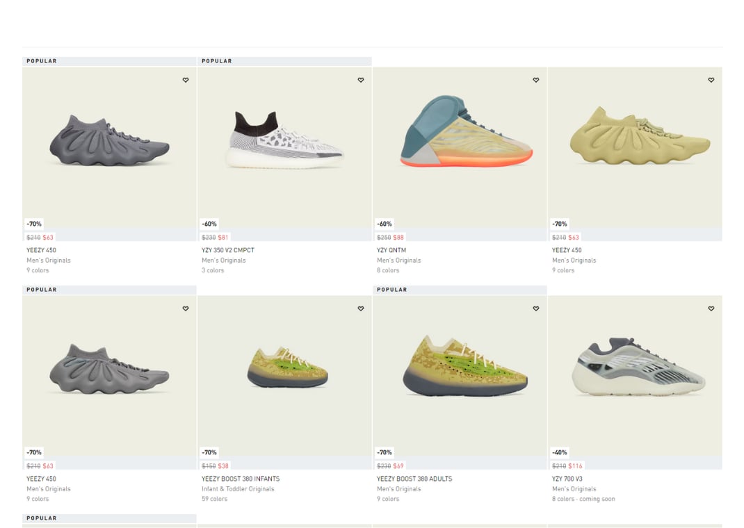 Yeezy sneakers on sale on adidas' website
