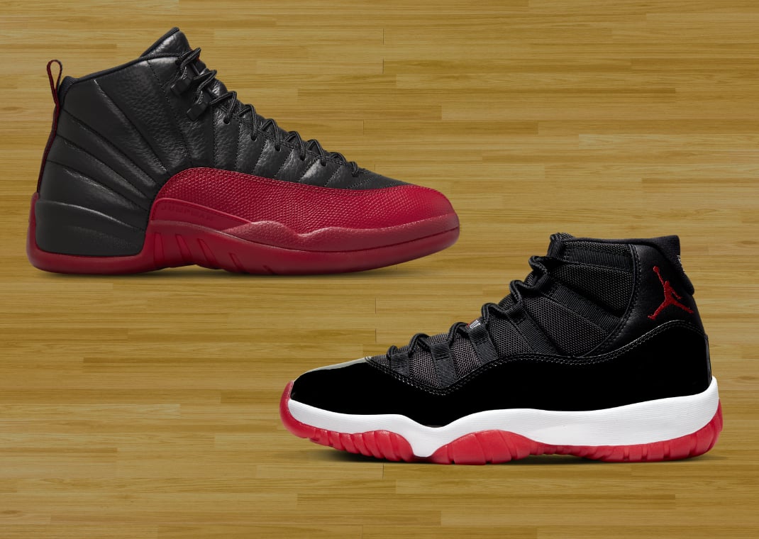 Air Jordan 12 Retro Flu Game (top) vs. Air Jordan 11 Retro Bred (bottom)