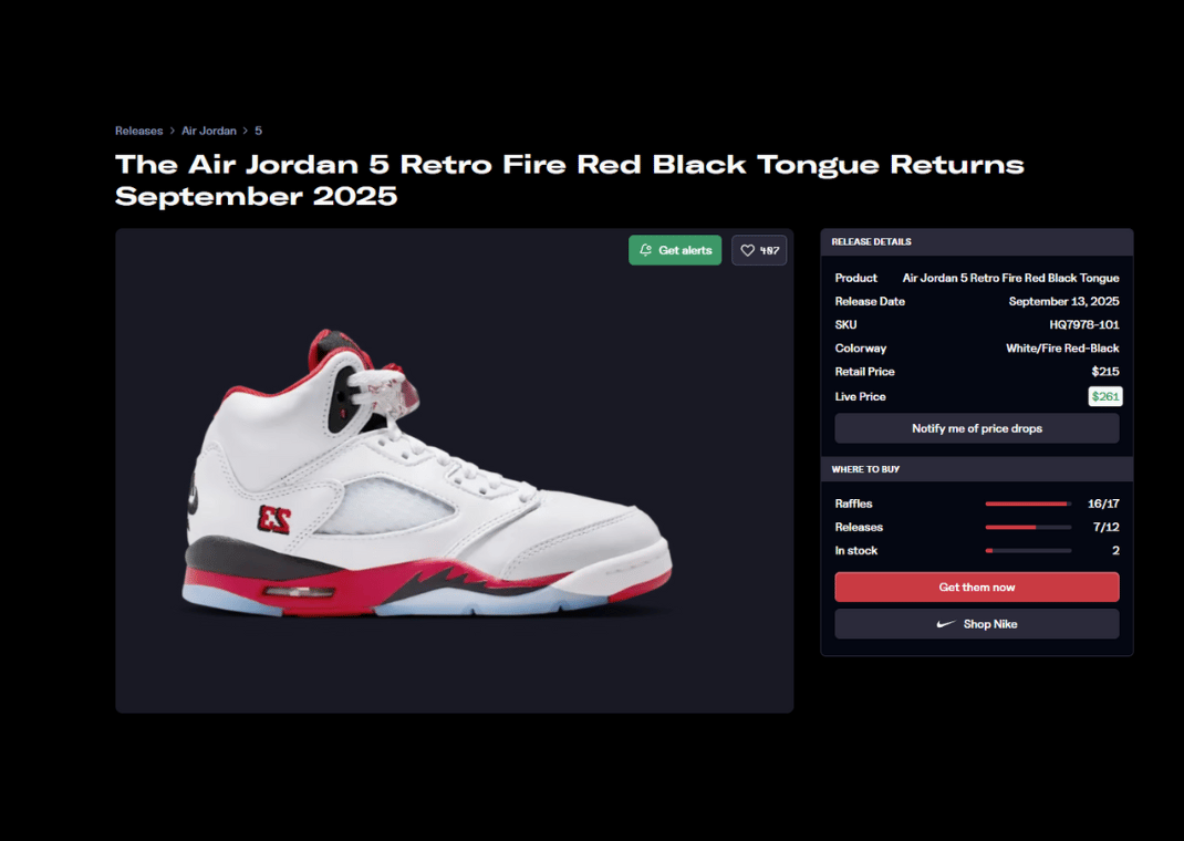 Air Jordan 5 Retro Fire Red Black Tongue Raffle Page