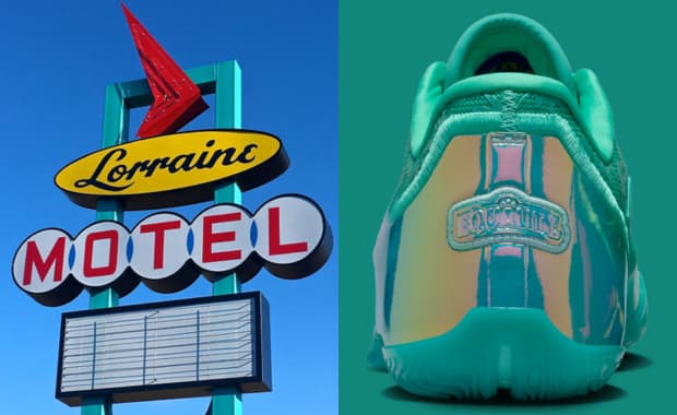 Lorraine Motel sign (left) and the heel of the Nike LeBron 23 Honor the King (right)