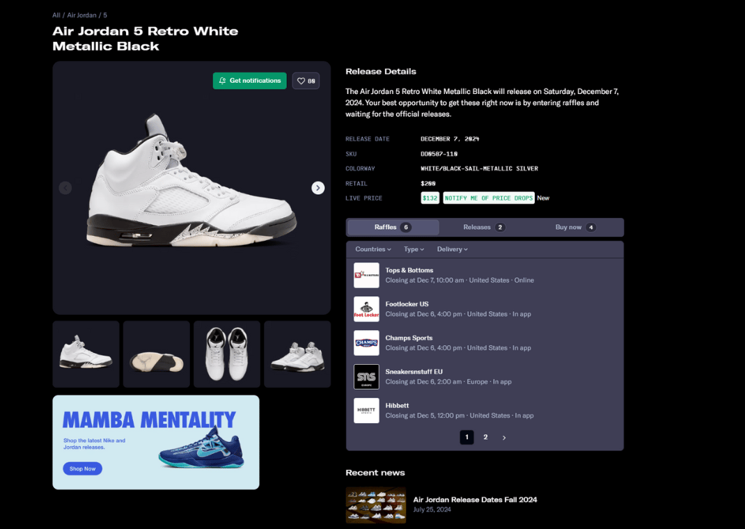 Air Jordan 5 Retro White Metallic Black Raffle Page