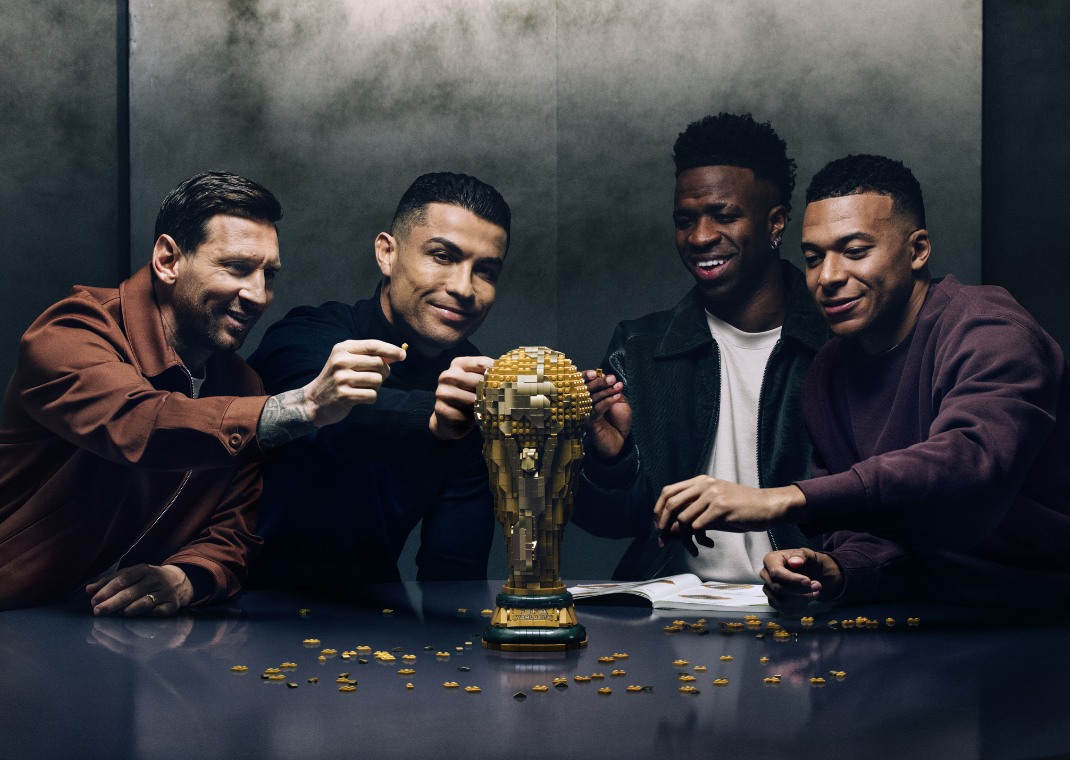 Messi (left), Ronaldo (left center), Vini Jr. (right center), and Mbappé (right) for LEGO