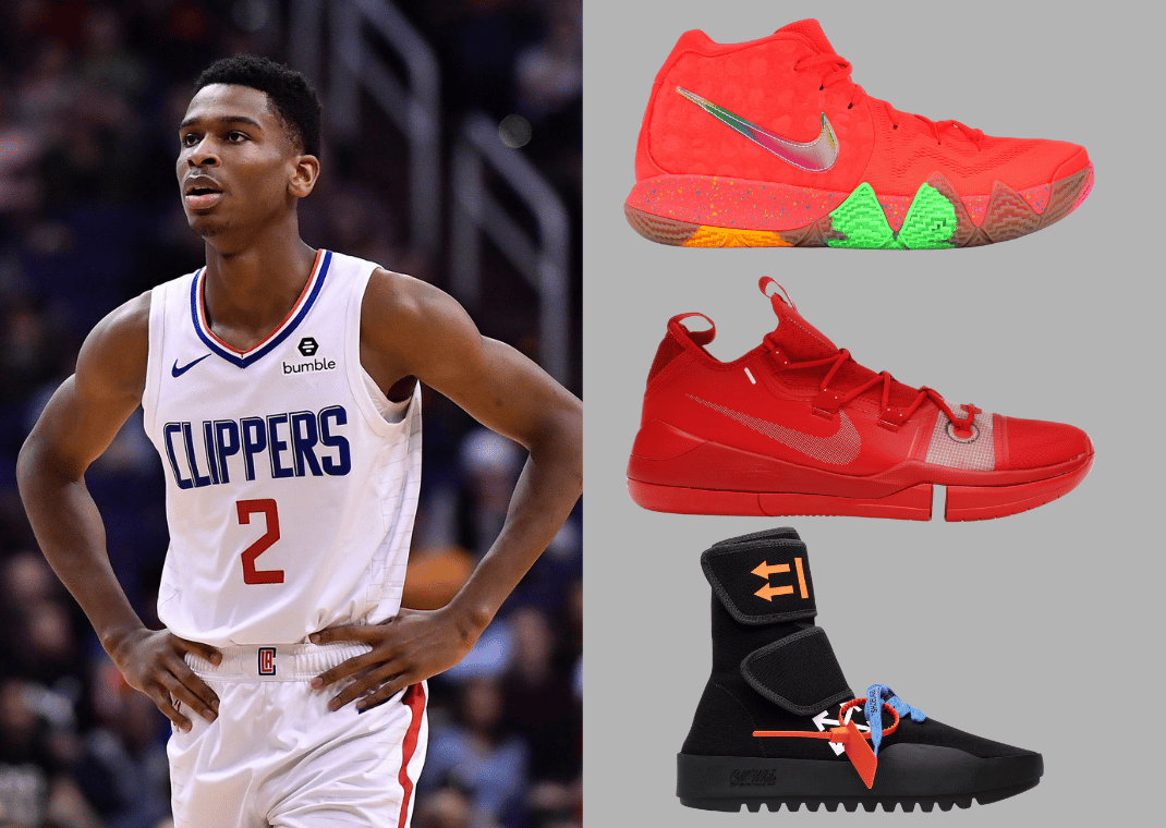 Shai Gilgeous-Alexander in his rookie year with the Clippers (left); Nike Kyrie 4 Lucky Charms (top), Nike Kobe AD Exodus (middle), Off-White CST-001 (bottom)