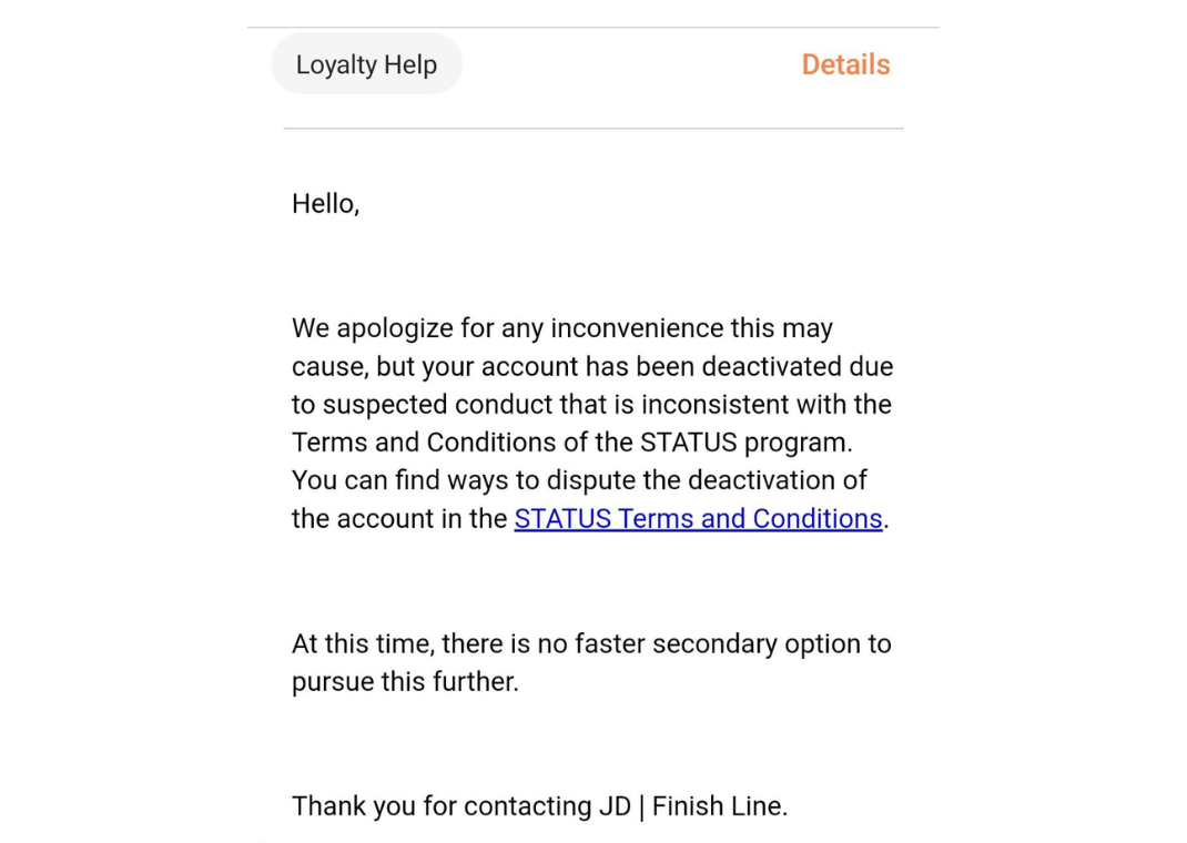 Customer Service Email Stating A Customers Account Was Deactivated (Image via