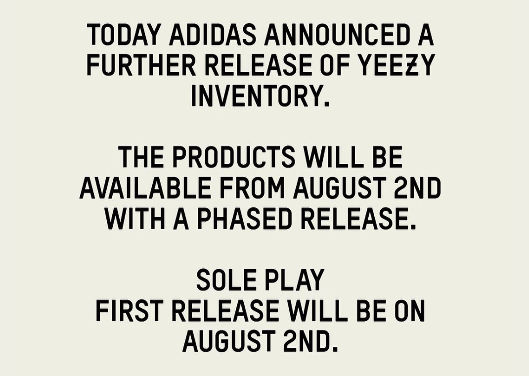 Sole Play's Instagram Post Announcing The Retailer Will Release Yeezy Product Again