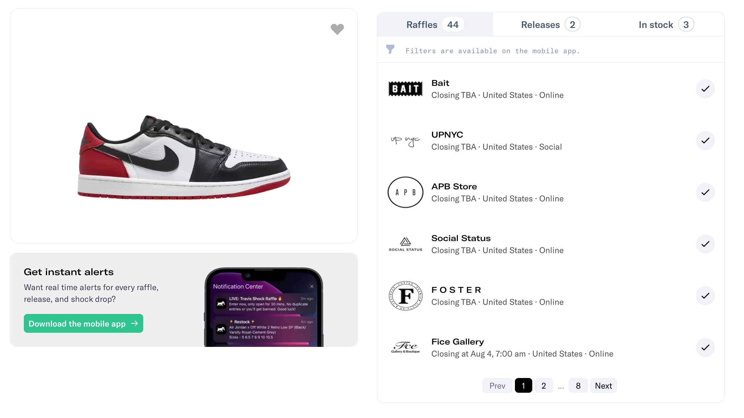 Web page featuring sneaker displaying 44 raffles.