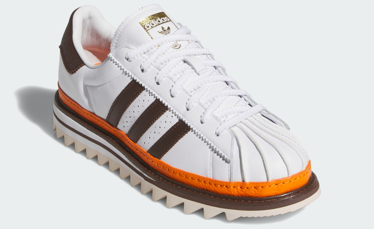 CLOT x adidas Superstar in coffee tone colorway, showcasing warm brown leather upper with iconic toe cap detail