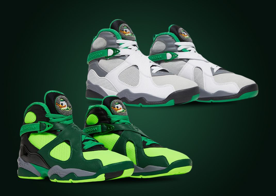 GOAT x Divison St. x Air Jordan 8 University of Oregon PE Gorge Green (Left) & Pure Platinum (Right)