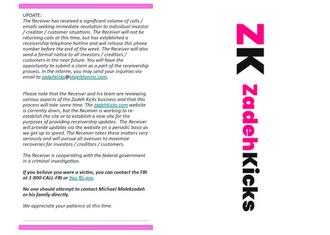 Email sent to Zadeh Kicks customers when the receiver took over the business