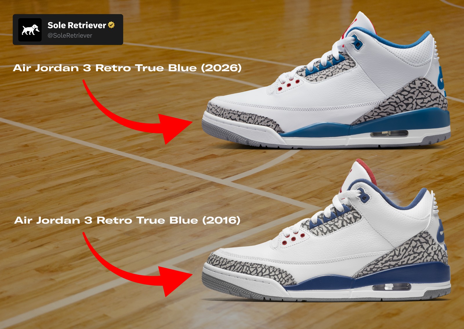 Air Jordan 3 Retro True Blue 2026 (top) vs. Air Jordan 3 Retro True Blue 2016 (bottom)