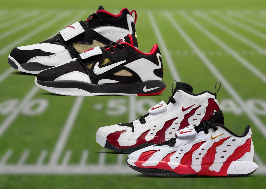 Nike LeBron 21 Prime 93 (top) and Nike LeBron 21 Prime 96 (bottom) next to the sneaker that inspired them