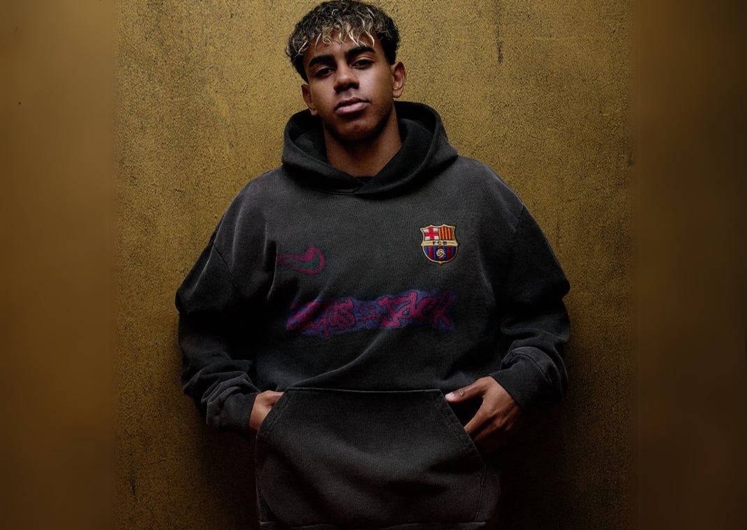 Lamine Yamal wearing Travis Scott's Cactus Jack x FC Barcelona hoodie