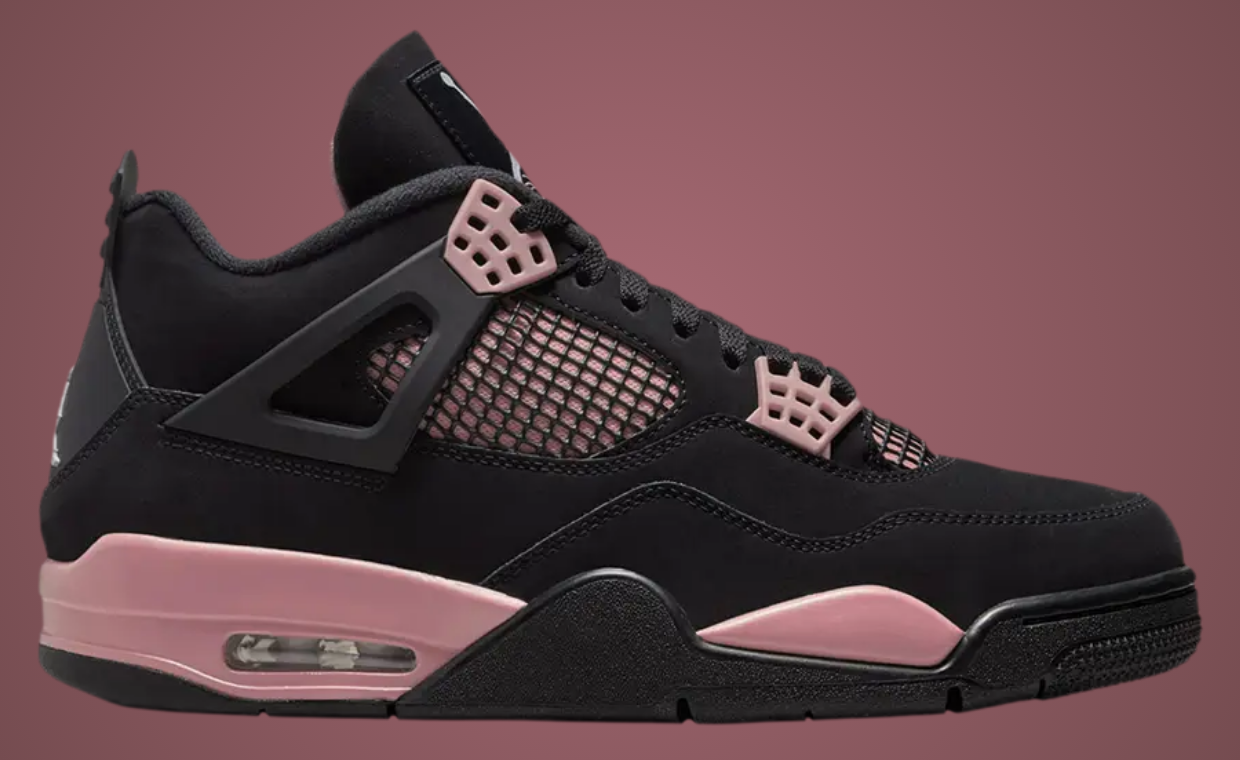 Air Jordan 4 Thunder in black and pink two-tone colorway, showing the quarter panel, jump man logo, and flight wing details