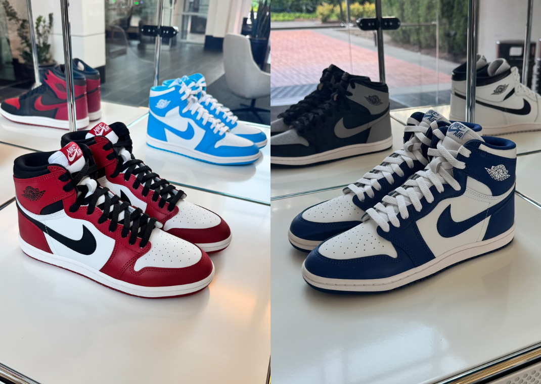 Air Jordan 1 High 85 Chicago (left) and Air Jordan 1 High 85 Storm Blue (right) on display