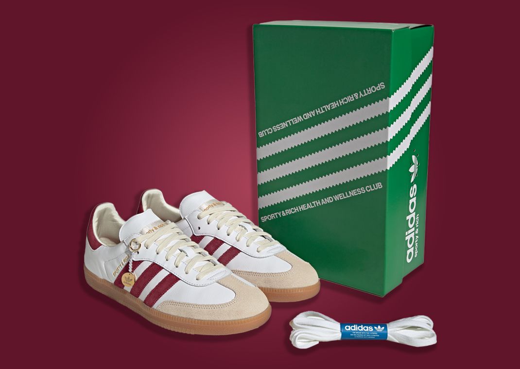 Sporty & Rich x adidas Samba White Collegiate Burgundy Sneakers and Packaging