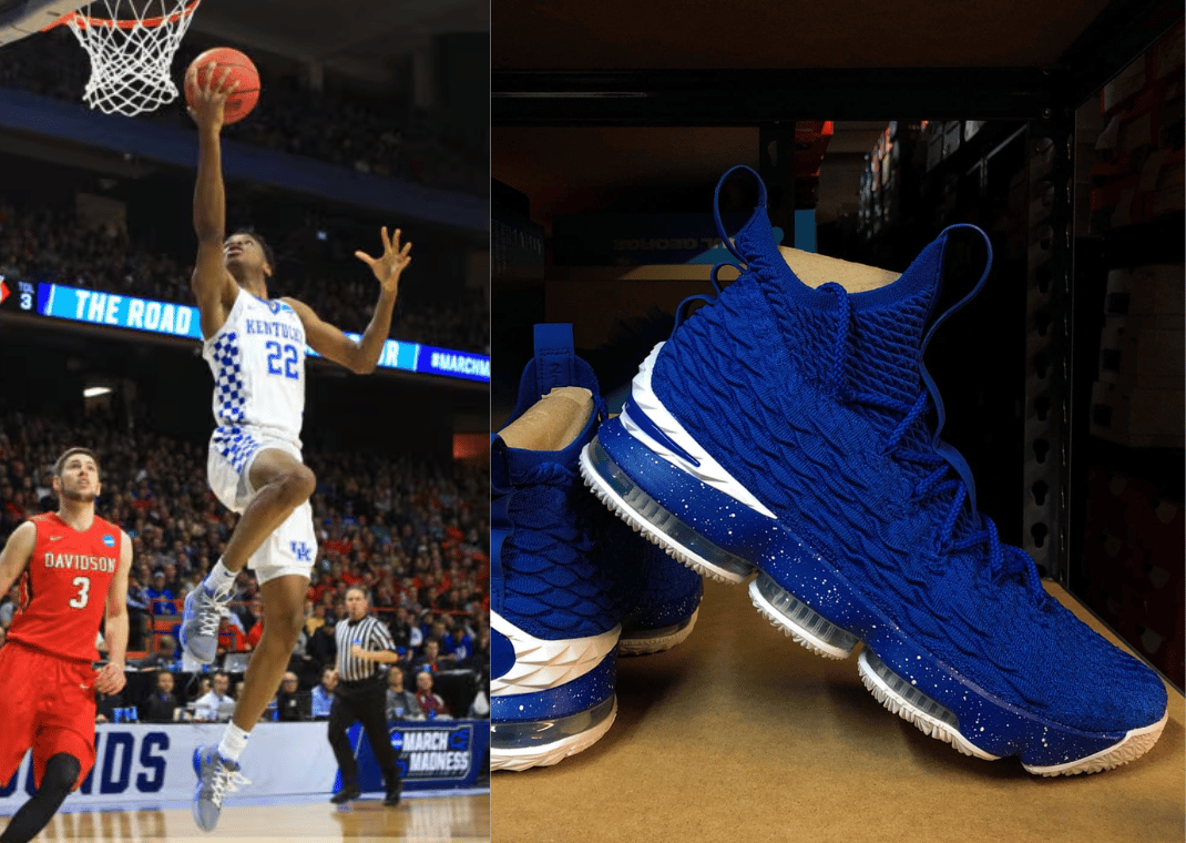 Shai Gilgeous-Alexander playing for Kentucky (left); Nike LeBron 15 Kentucky PE