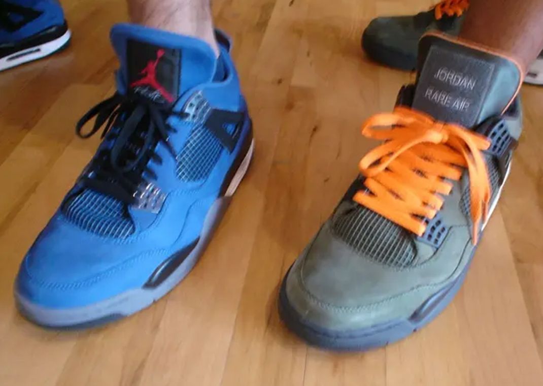 One version of the Undefeated x Air Jordan 4 sample (left) and the retail version from 2005 (right)