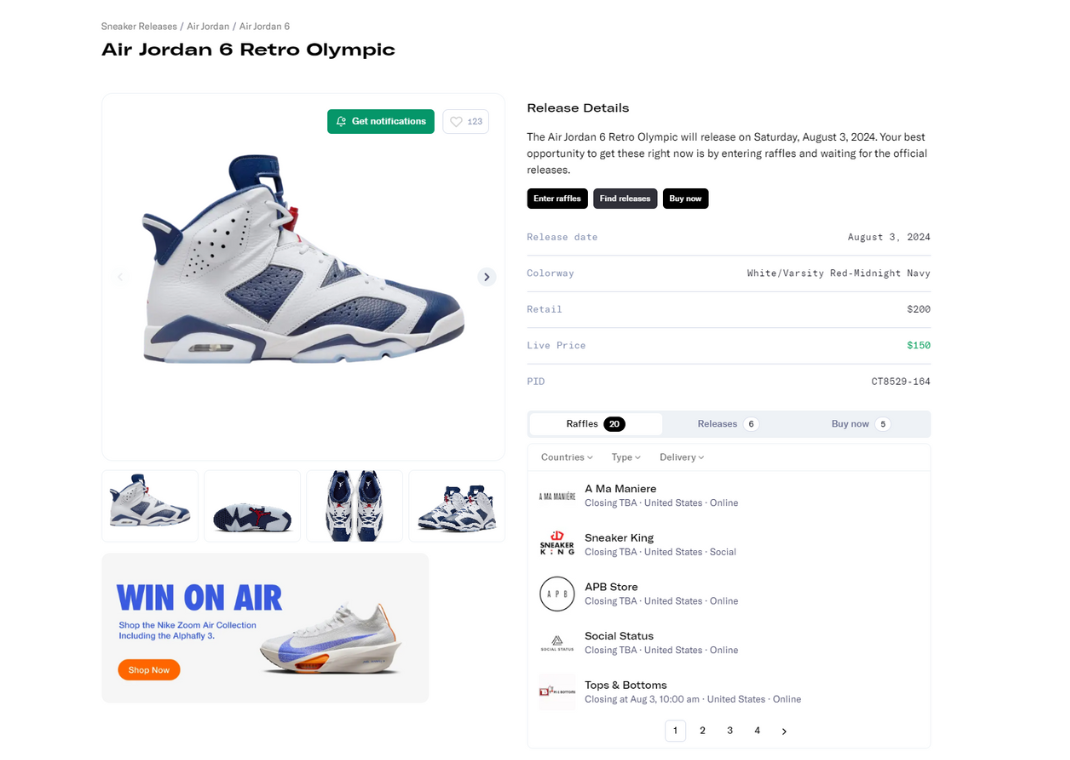 Air Jordan 6 Olympics Raffle Page