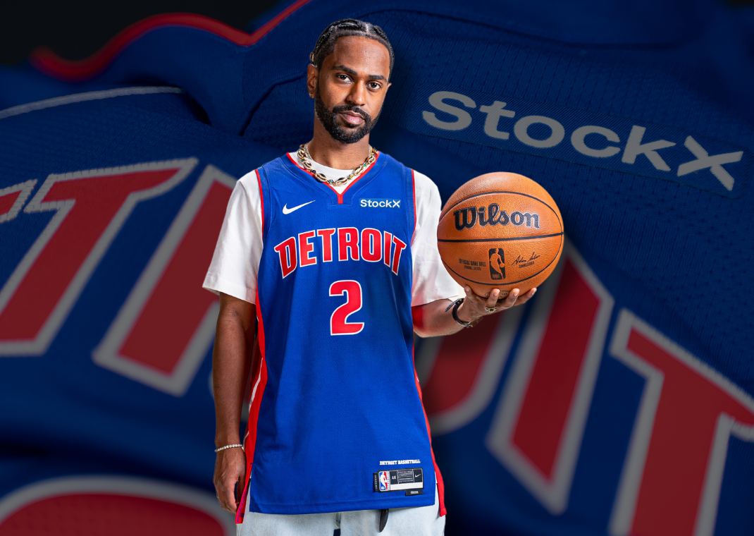 Big Sean Debuts the new Detroit Pistons StockX Sponsored Jerseys For 2024