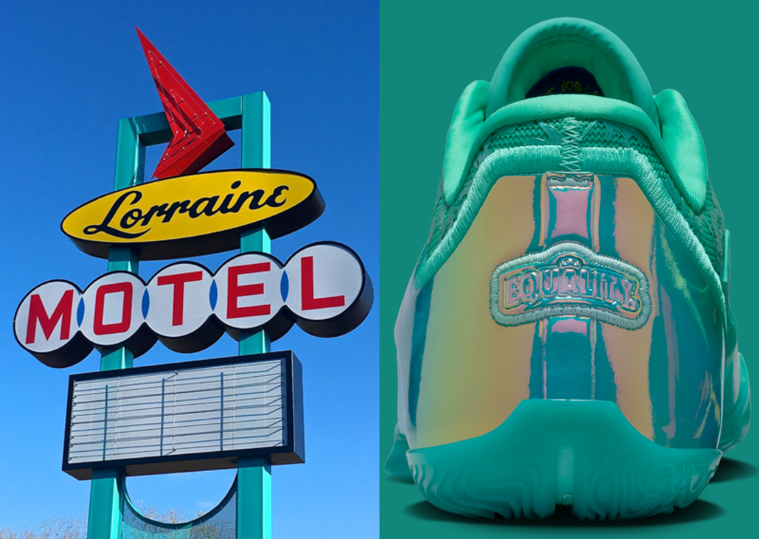 Lorraine Motel sign (left) and the heel of the Nike LeBron 23 Honor the King (right)